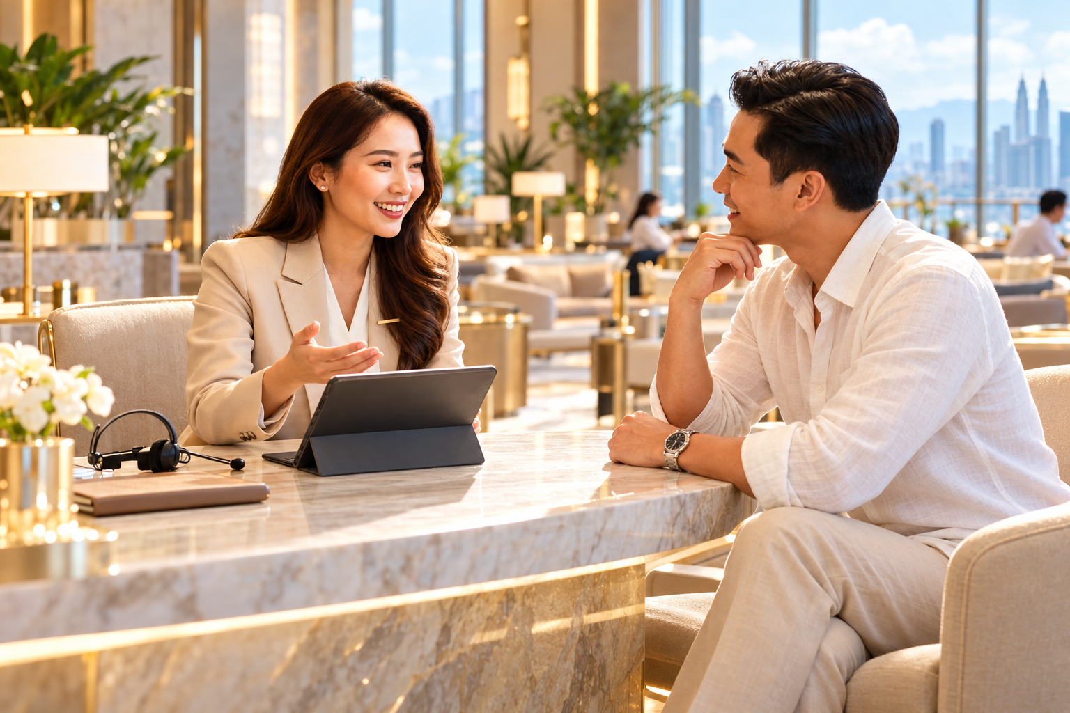 Concierge assisting a guest across a marble desk