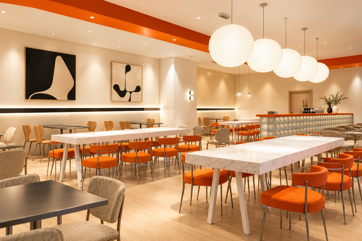 BBG Elite Lounge interior concept inspired by the supplied brochure, with cream walls, orange seating and spherical pendant lights