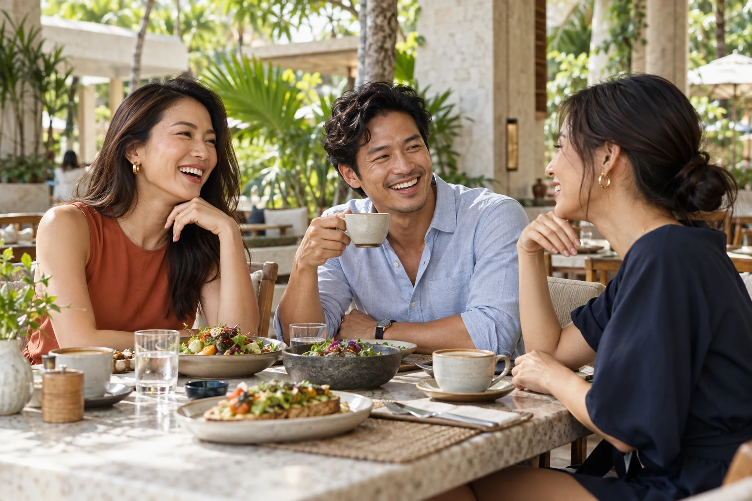 Friends sharing a relaxed lunch on a sunny cafe terrace