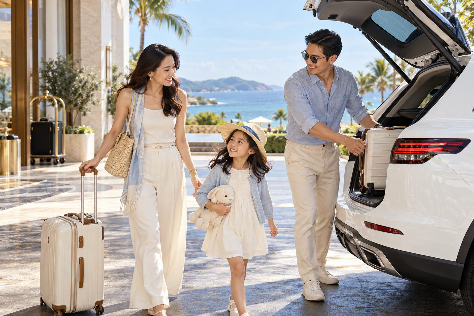 A family preparing for a holiday beside a car at a coastal hotel