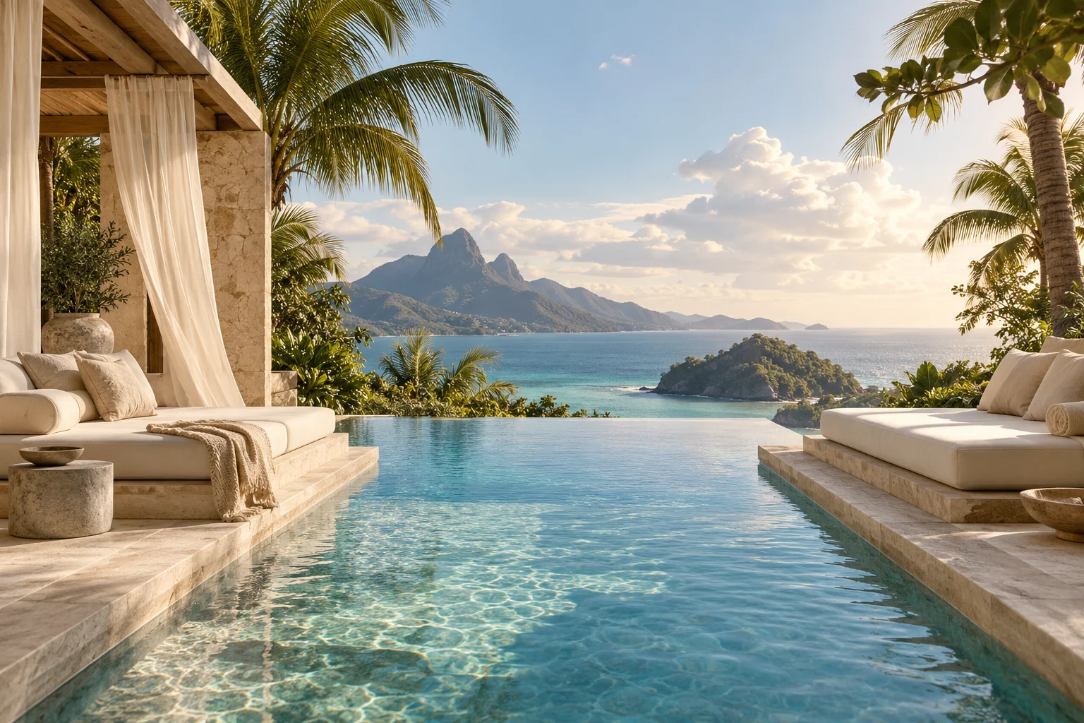 Private island villa terrace and infinity pool overlooking the sea