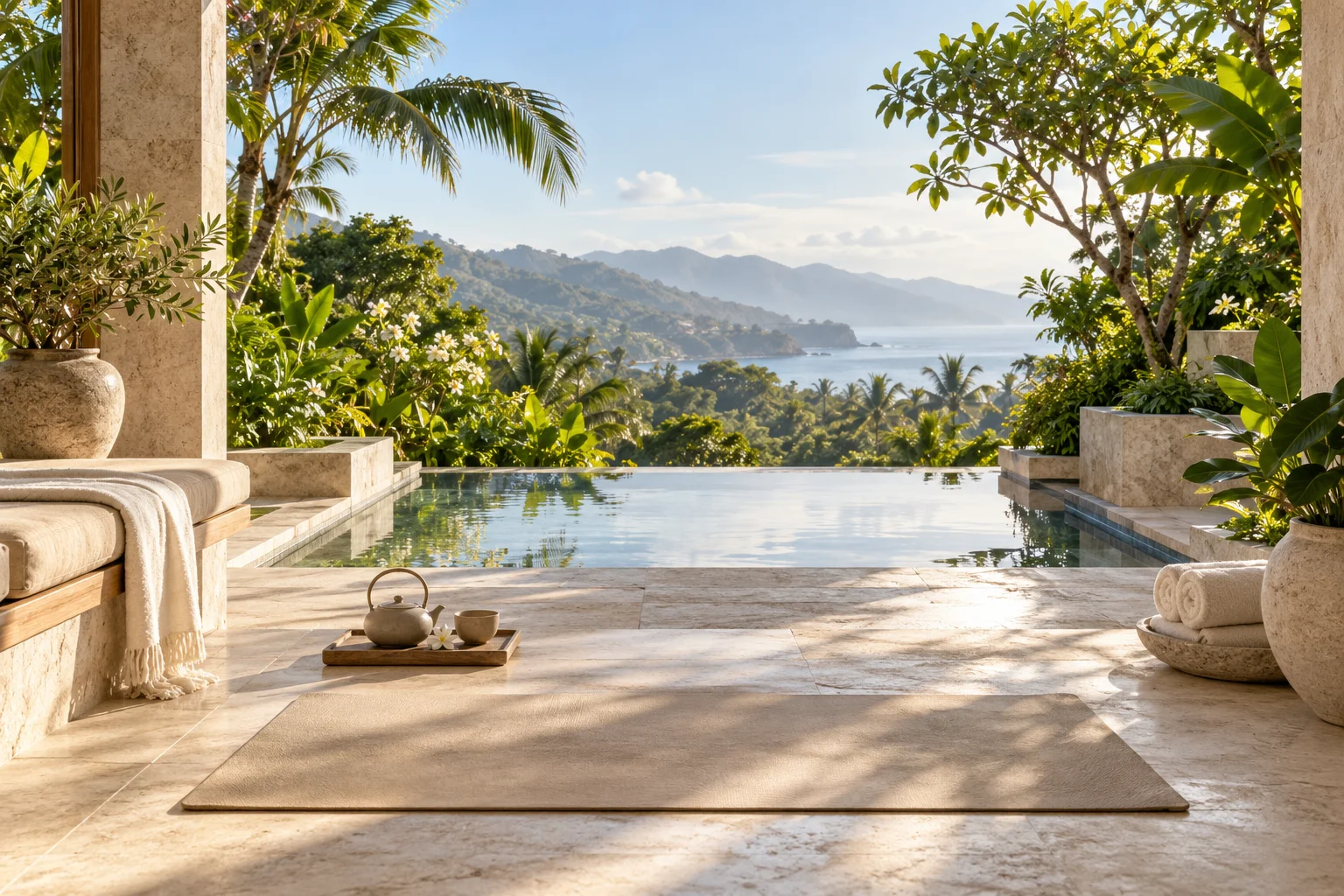 Quiet wellness terrace, illustrative everyday wellbeing scene