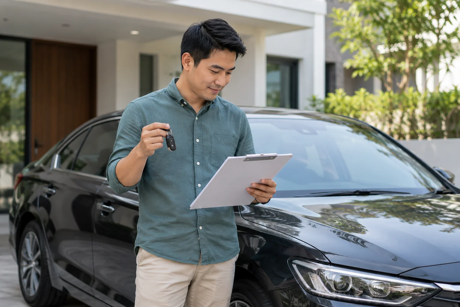 Driver reviewing vehicle documents beside a car, illustrative motor enquiry scene