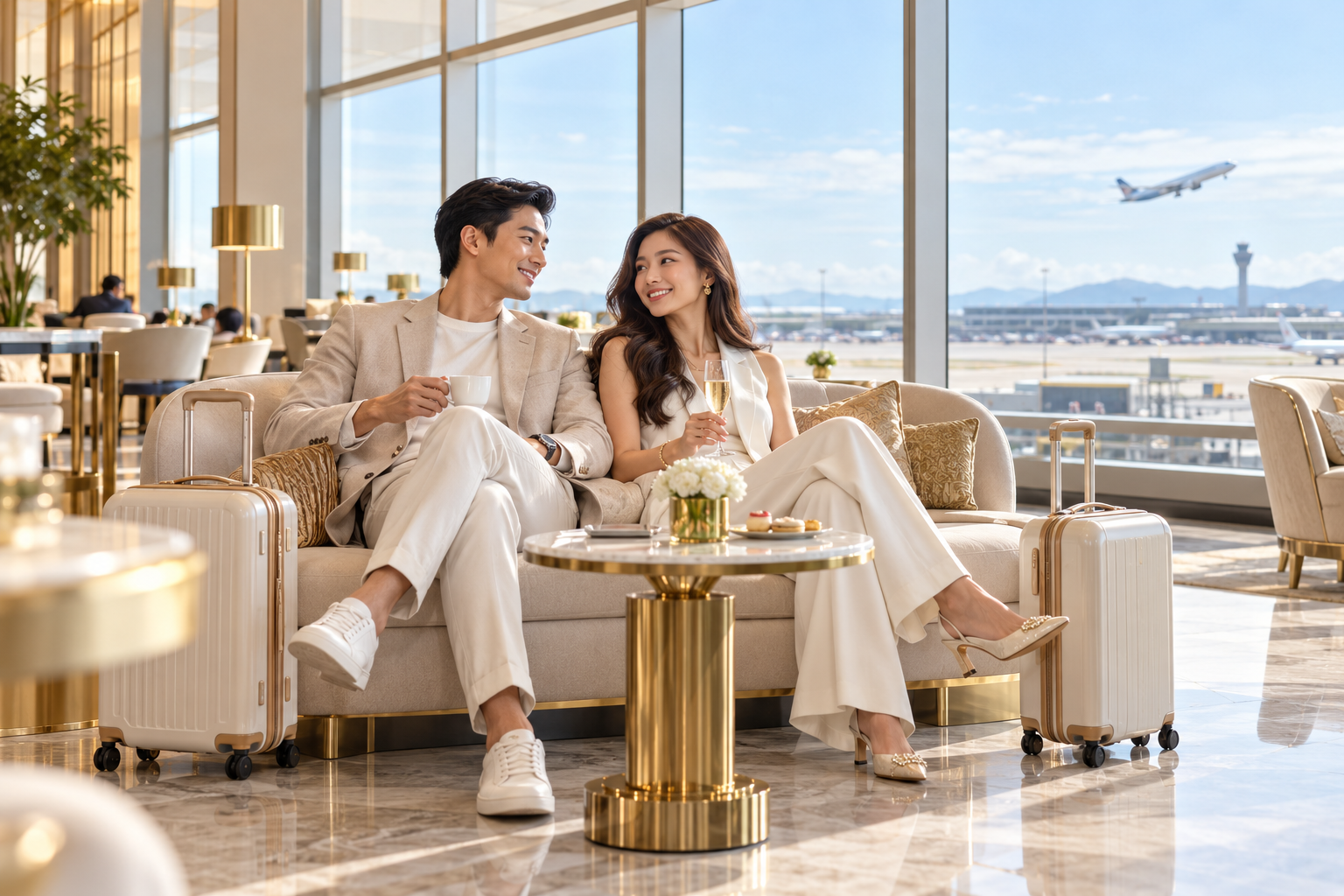 A couple relaxing with carry-on luggage in a bright airport lounge