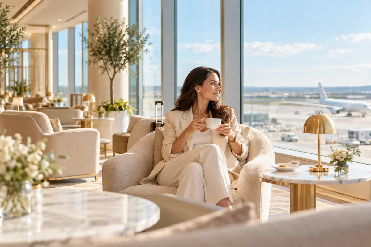 Illustrative airport lounge with comfortable seating and a runway view