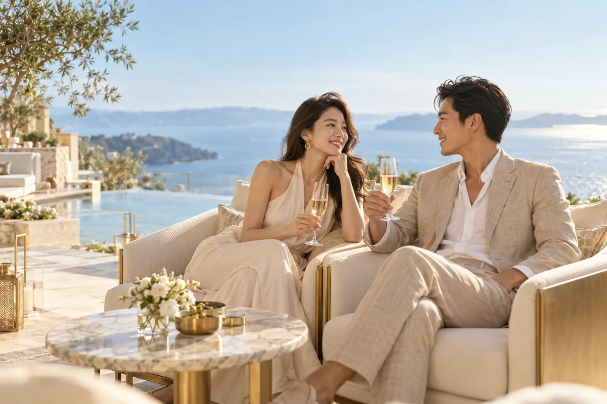 Illustrative couple sharing a welcome drink on a sea-view terrace