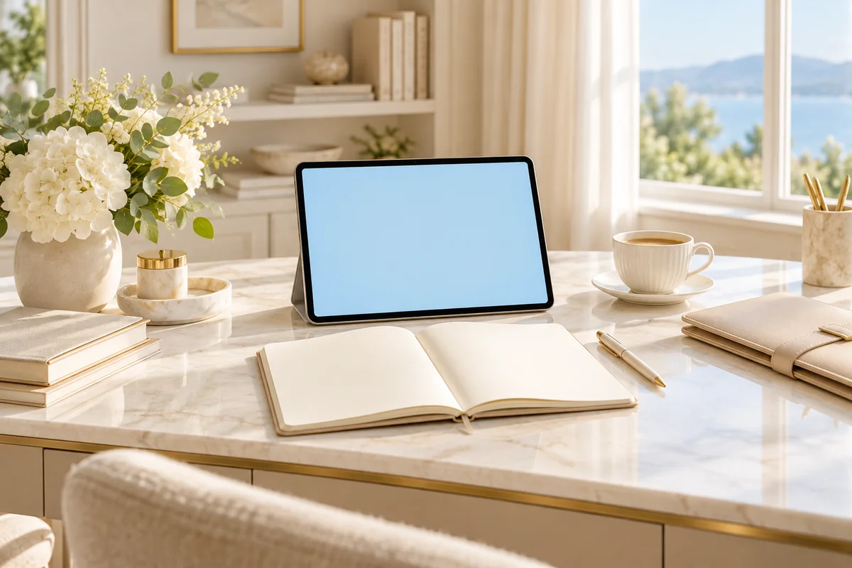 Illustrative personal planning workspace with a notebook and tablet