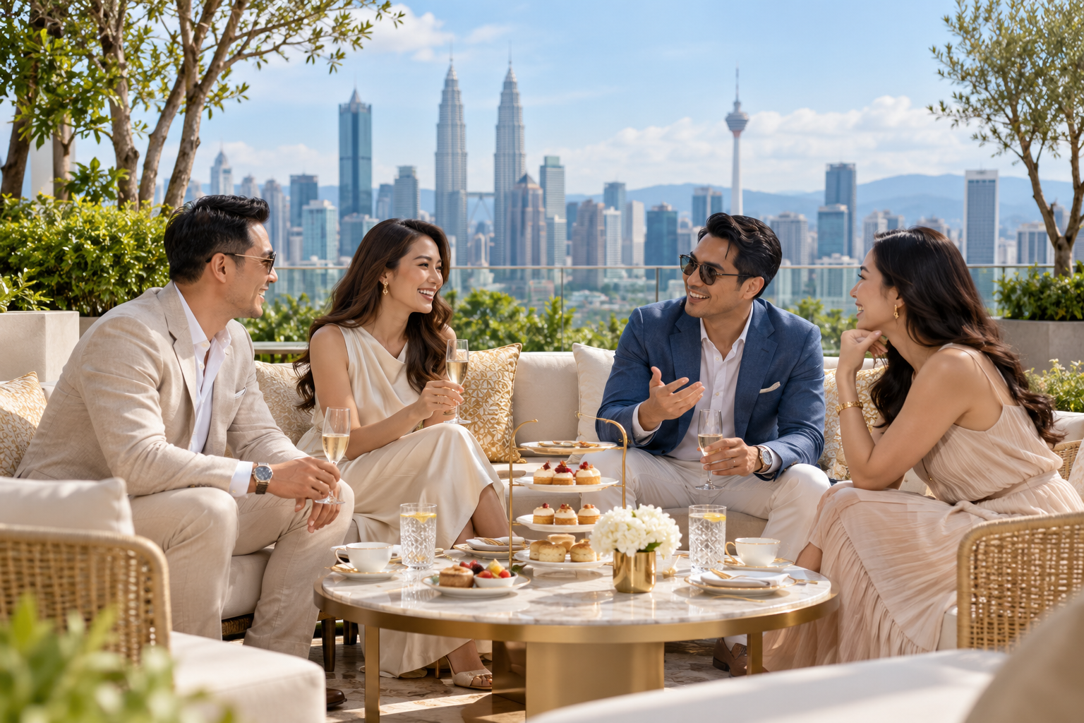 Friends enjoying afternoon tea on a Kuala Lumpur rooftop terrace