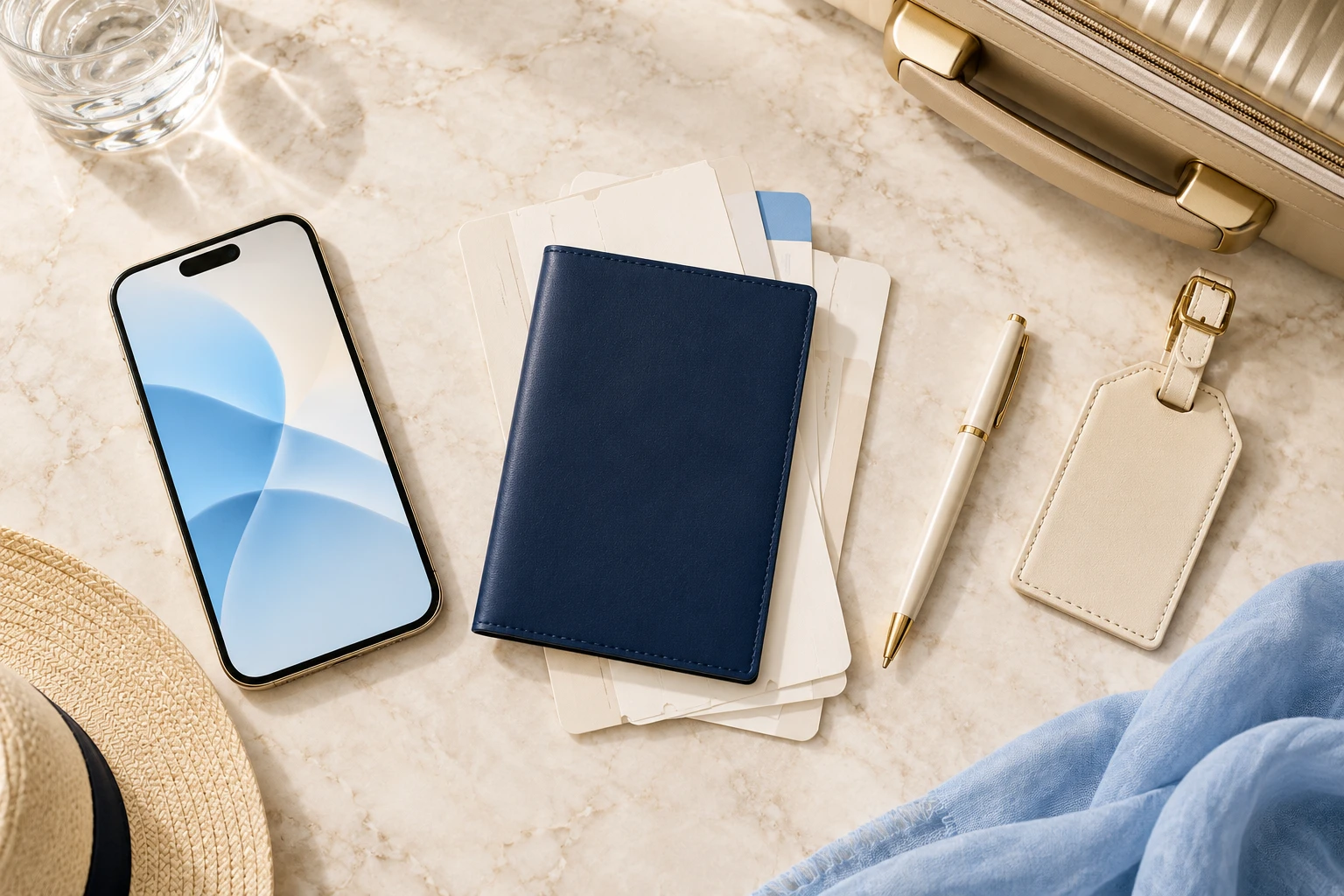 Travel preparation with passport, documents and smartphone