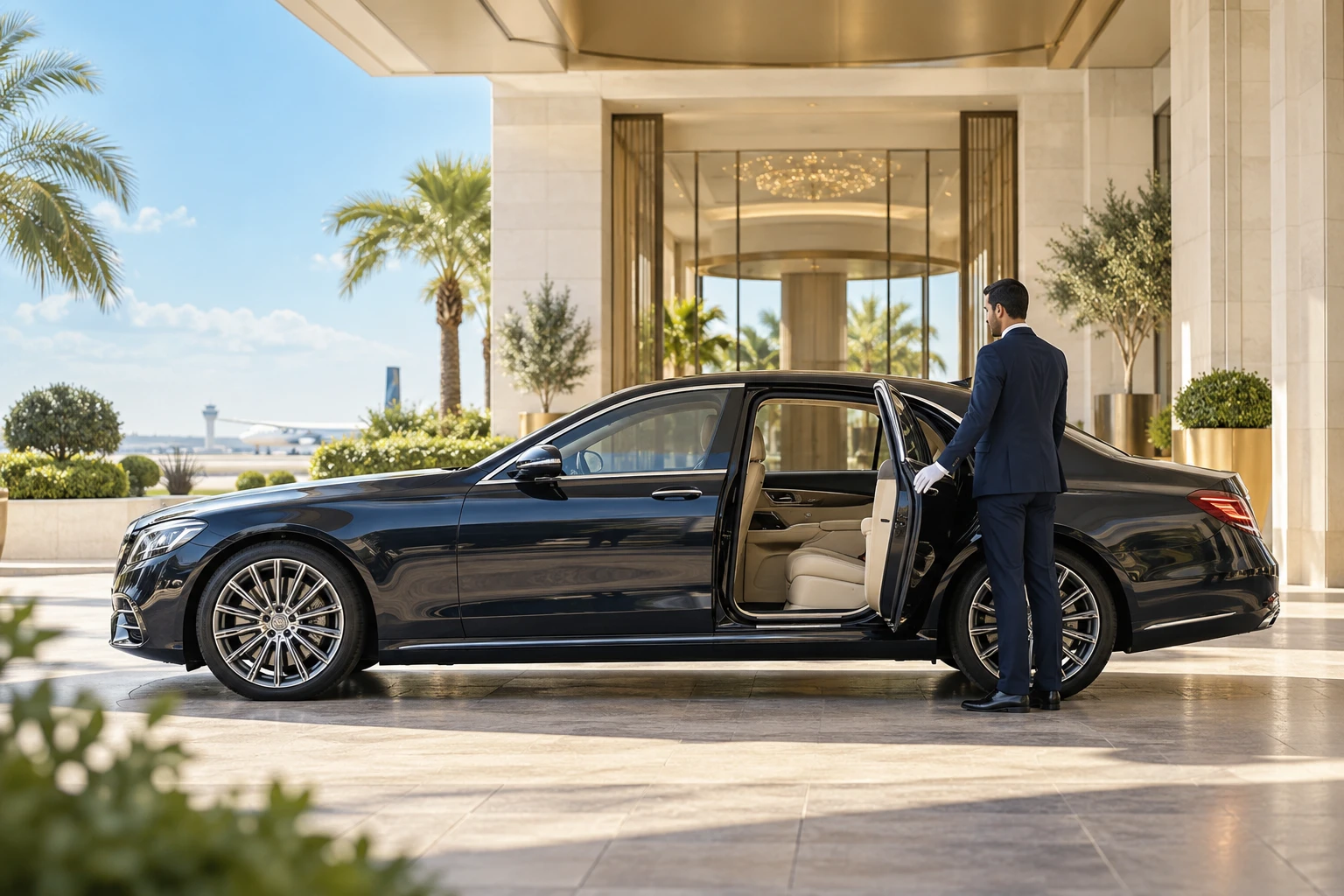 Chauffeur and luxury sedan outside a hotel