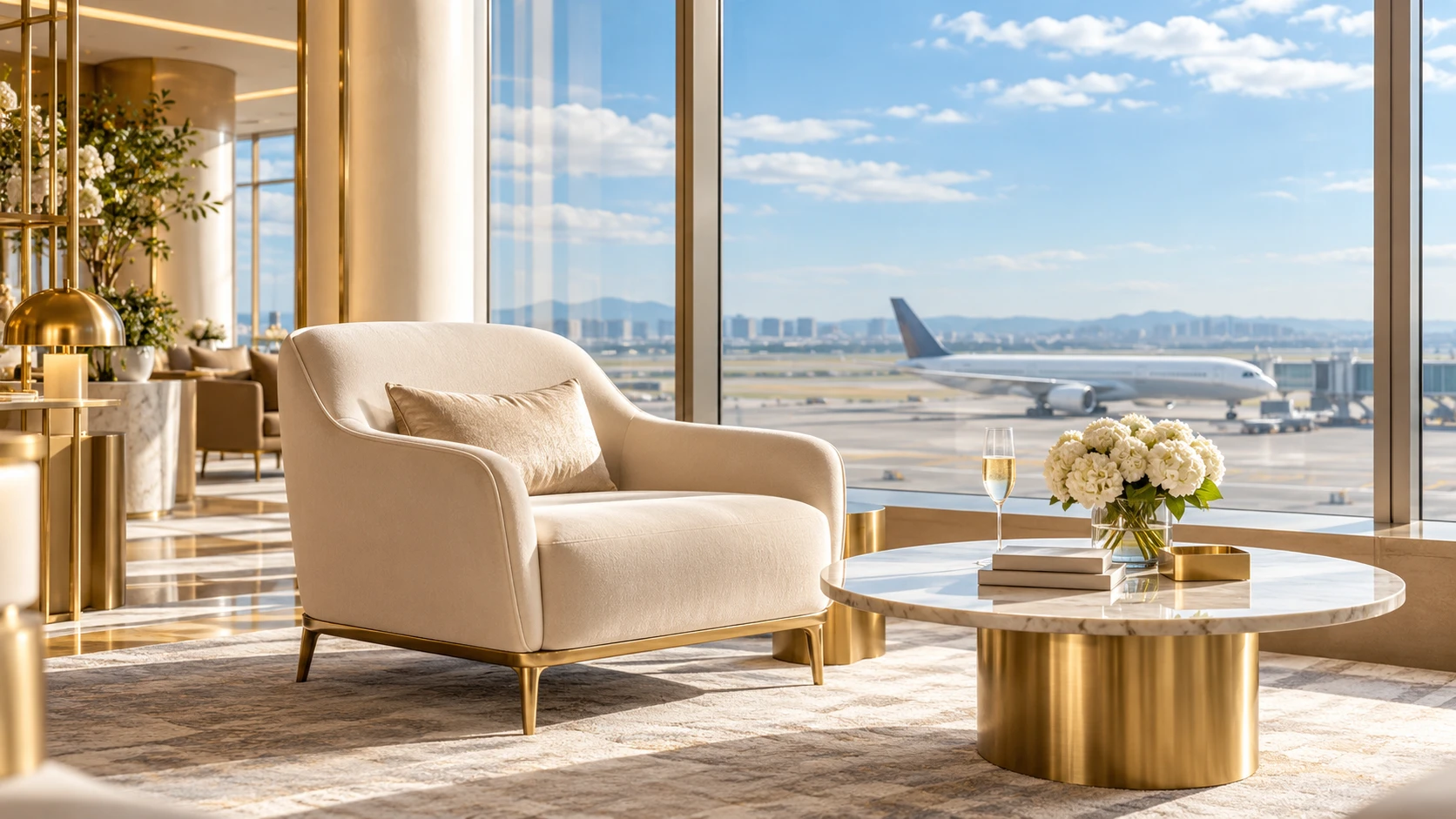 Premium airport lounge seating beside terminal windows