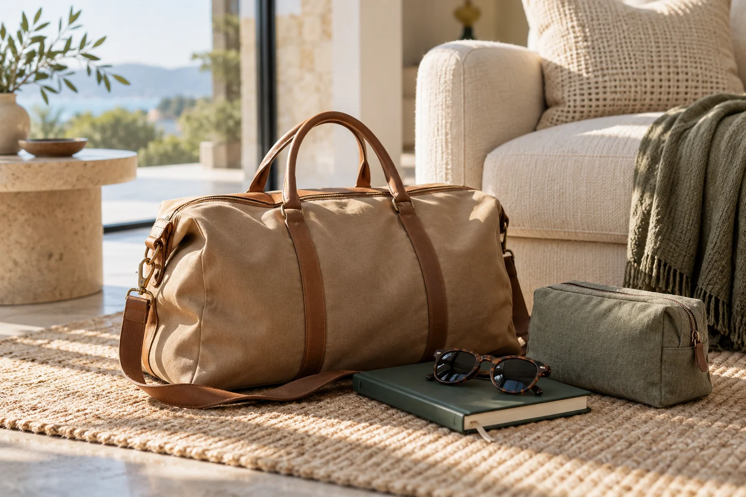 Weekend bag, notebook and pouch, illustrative lifestyle reward category