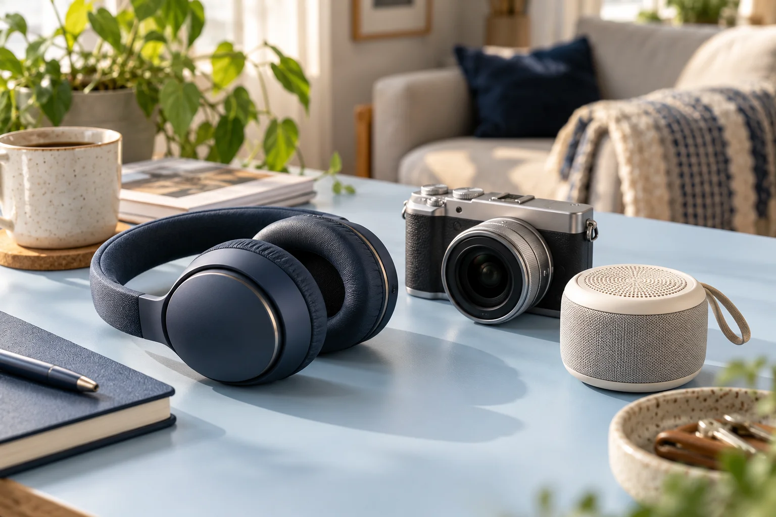 Headphones, camera and speaker, illustrative gadget reward category