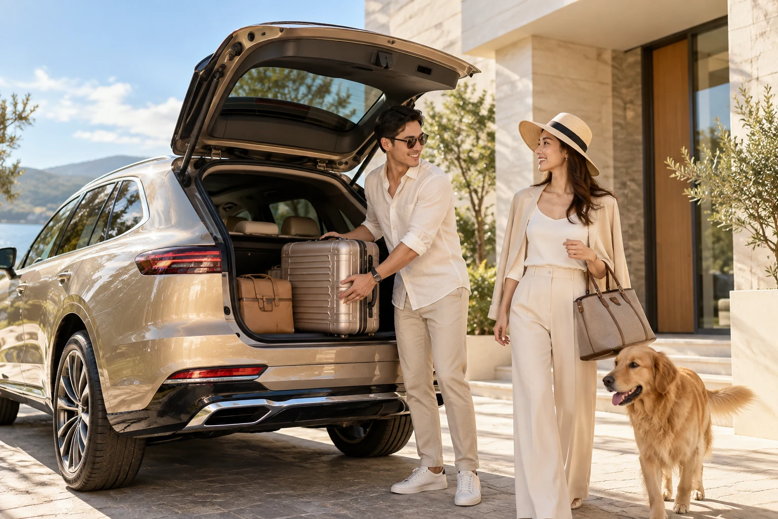 Couple preparing for a journey beside a car, illustrative lifestyle scene