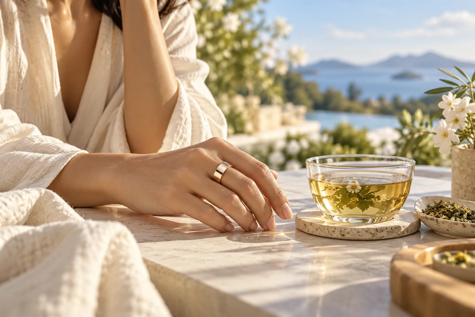 Wearable ring and herbal tea on a terrace, illustrative wellbeing scene