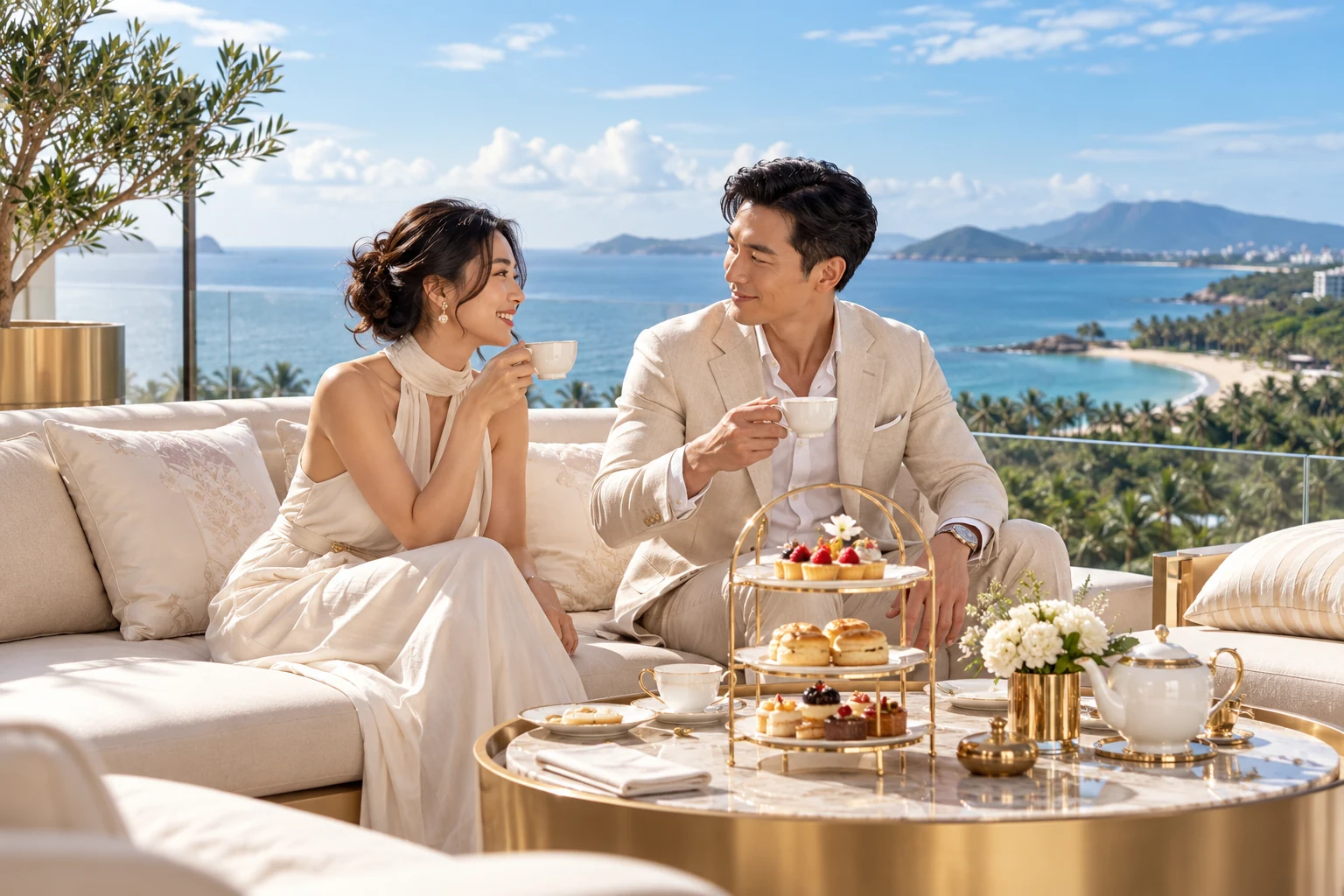 Couple enjoying afternoon tea, illustrative lifestyle scene