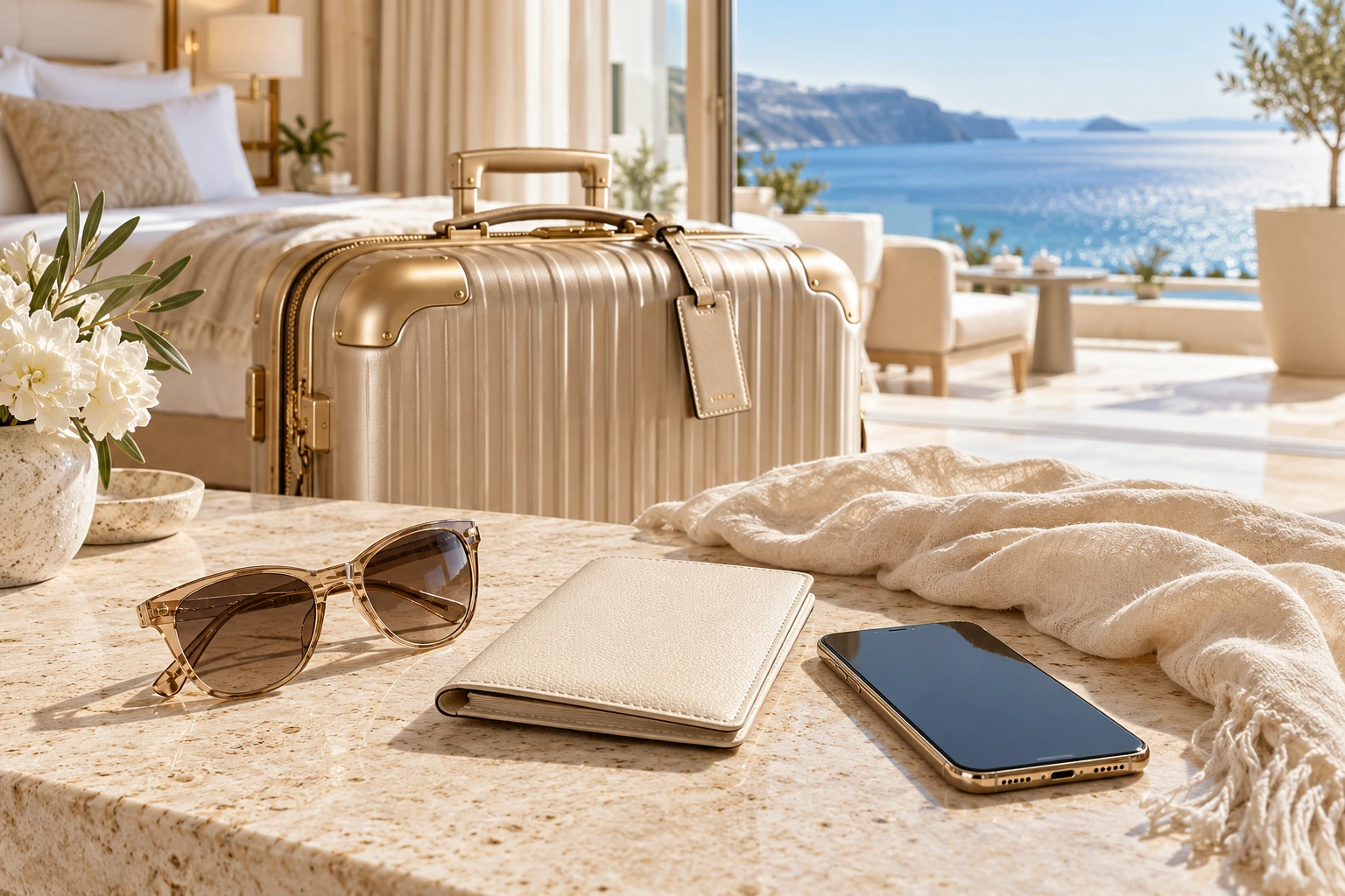 Champagne luggage, ivory travel wallet and sunglasses in an oceanfront suite