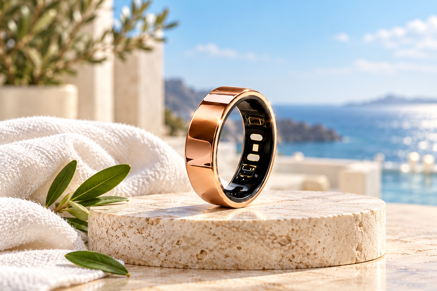 Illustrative rose-gold wellness ring with visible internal sensors
